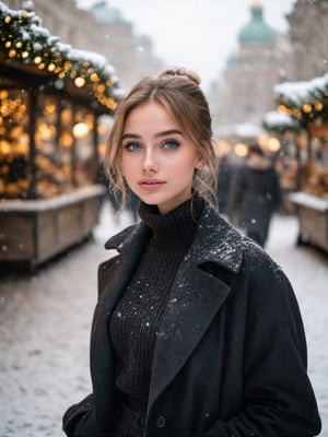 A stunning, best quality, extremely detailed photo capturing a 21-year-old girl in a front view, with golden hair styled in a bun, walking through Moscow on a winter morning. She wears a stylish, expensive black coat with a raised dark red collar, a black sweater, and stylish black trousers, all made of thick, expensive fabric. Her cheeks are blushed from the frost, and she has white eyelashes and eyebrows, blue eyes, and pale skin. Snowflakes fall around her, and her slightly curly hair flutters in the wind. The scene is set at a Christmas fair with decorations, creating a magical, mysterious atmosphere. The photo is highly detailed, capturing the cold, snowy environment and the girl's feminine features, perfect for a fashion magazine in Vanity Fair style.,H-Q hyperrealistic