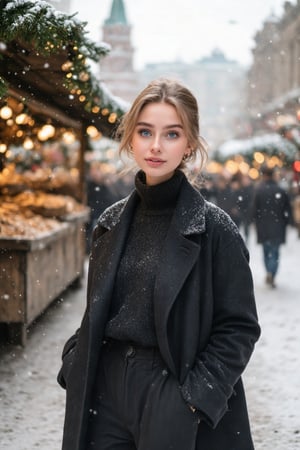 A stunning, best quality, extremely detailed photo capturing a 21-year-old girl in a front view, with golden hair styled in a bun, walking through Moscow on a winter morning. She wears a stylish, expensive black coat with a raised dark red collar, a black sweater, and stylish black trousers, all made of thick, expensive fabric. Her cheeks are blushed from the frost, and she has white eyelashes and eyebrows, blue eyes, and pale skin. Snowflakes fall around her, and her slightly curly hair flutters in the wind. The scene is set at a Christmas fair with decorations, creating a magical, mysterious atmosphere. The photo is highly detailed, capturing the cold, snowy environment and the girl's feminine features, perfect for a fashion magazine in Vanity Fair style.,H-Q hyperrealistic