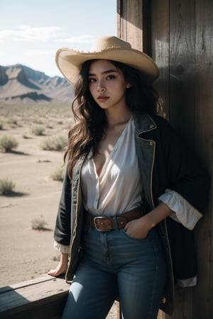 Create a [realistic] [4k]  , [high contrast], [photography] that captures the essence of the [wild west], featuring a [masterpiece] that depicts a [cowboy] scene. The photo should be of [exquisite quality], with [specular reflection], [subsurface scattering], [diffuse reflection], [backlight], [soft light]. The image should prominently feature a [single], [extremely beautiful], [young] [woman], who is a [outlaw] and [bandit] with [alluring gaze]. She stands in an [old west] [dusty] town. The woman is dressed in typical cowboy attire, wearing a [poncho] or [black coat], pants with [chaps], [cowboy boots], and a [realistic] [cowboy hat] with [revolvers] in her [holsters], which complement her [natural] beauty and [cowboy] charm. Her [tanned face] is [flushed], [blushed] with [dense delicate freckles] should have [detailed contours] and a [heart-shaped] structure with [delicately proportioned features] and [high cheekbones]. Her [full, pouty lips] should be slightly parted, and her small, narrow nose should add to her charm. Her [detailed eyes] should be enhanced with [black eyeliner] and [black smudged eyeshadow], which beautifully frame her [natural] beauty. In the photo, the woman's skin should be [sweaty], [glossy], and radiant, while her [messy] hair should add to the [natural] appeal of the image. The [wild west] setting should be emphasized, with a [high level of detail] in the [realistic] and [natural] scenery. The [dusty town] should be placed in the background, enhancing the overall [wild west] vibe of the photo. The overall theme of the photograph should be [realistic], [half body] , [natural], and [wild west] in style, highlighting the beauty of the [old west].aim gun, aim pistol, ,gunatyou , old style