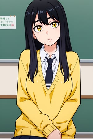 best quality,masterpiece,1girl,YotMiko,long hair,balck hair,yelow eyes,school uniform,necktie, yellow sweater, looking at viewer