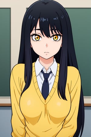 best quality,masterpiece,1girl,YotMiko,long hair,balck hair,yelow eyes,school uniform,necktie, yellow sweater, looking at viewer