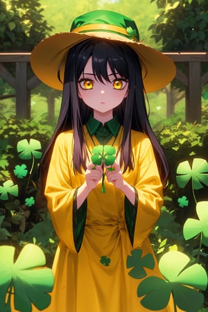 masterpiece,best quality,1girl,solo,YotMiko,long hair,black hair,yellow eyes,wearing yellow-green dwarf clothes,wearing oversized pointed hat with a Celtic shamrock pattern,, shamrocks garden,holding a Four-leaf clover,r1ge