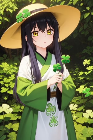 masterpiece,best quality,1girl,solo,YotMiko,long hair,black hair,yellow eyes,wearing yellow-green dwarf clothes,wearing oversized pointed hat with a Celtic shamrock pattern,, shamrocks garden,holding a Four-leaf clover,