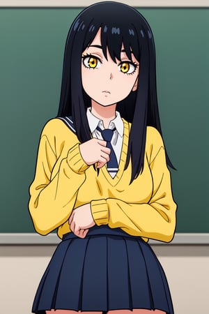 best quality,masterpiece,1girl,YotMiko,long hair,balck hair,yelow eyes,school uniform,necktie, yellow sweater, looking at viewer