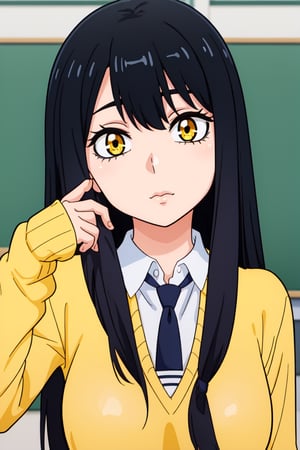 best quality,masterpiece,1girl,YotMiko,long hair,balck hair,yelow eyes,school uniform,necktie, yellow sweater, looking at viewer