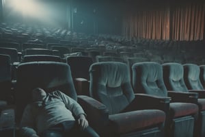a man falls sleep in a big cinema. there is no one around. dusty and decayed cinema. cinematic lighting. dim lights.