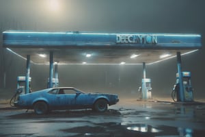 a blue car parked at a decayed gas station in the misty night, cyberpunk style.