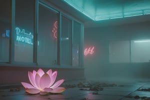 a deserted motel in the fog, late at night. neon lights. a lotus thrown on the floor.