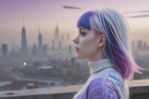 a side view photo of a beautiful white girl in a purple sweater made of yarn of layers of white and blue and purple fibers. She has chin length sharp cut pink hair with vivid bang. Behind her is a misty city, back light, Sci-Fi.