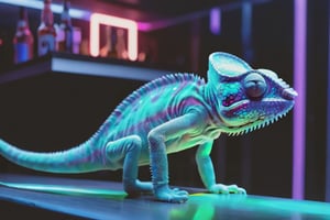a chameleon with bioluminescence resting on a table in a night club, neon lights.