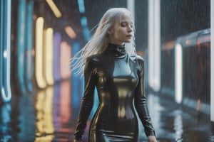 photo of a woman in futuristic tight rubber dress. neon lights, late at night, in the rain, very long white wet hair, cinematic, shallow depth of field, extremely detailed
