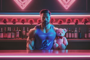 a hyper-realistic photo of a muscle man in a blue bioluminescent sleeveless vest holding a bunch of red roses and a pink teddy bear, he is sitting in a futuristic bar of neon light, side light, strong back light, shadow on face.