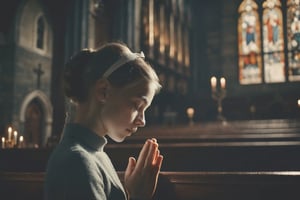 a young woman praying in a dark church in the year of 1965. cinematic lighting, side lighting. distant shot. retro feeling.