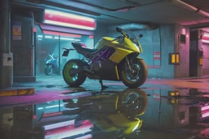 a broken motorbike parked at a futuristic basement parking lot, multi-colored neon lights, wet floor, reflection.