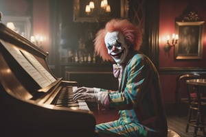 a creepy looking clown is playing piano in a pub. dim lights, side lighting.