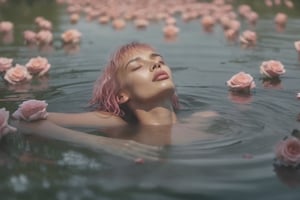a realistic photo of a beautiful woman (Irina Shayk)bathing naked in a lake full of floating roses. She has chin length messy pink hair with sharp cut bangs. It is a bright and misty summer morning. slim body, body measurement 34b-24-34, slim body. deep v. side lighting, backlight. shadow on face. very thin eyebrows. long eyelashes. light leak. lens glare. 