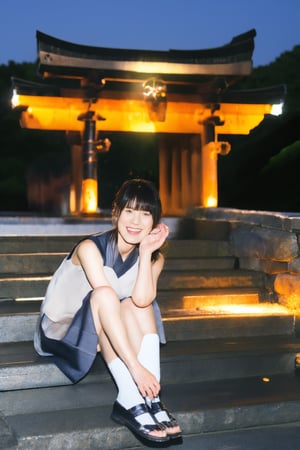 A young Asian woman, short hair, wearing a stylish outfit, sitting on stone steps in an ancient Japanese shrine set in space. The shrine has a futuristic touch with glowing wires floating in mid-air around her. The scene combines traditional elements with advanced technology, creating a unique blend of past and future. The woman's expression is confident and she looks directly at the camera. The background features a cosmic space view, adding to the sci-fi atmosphere