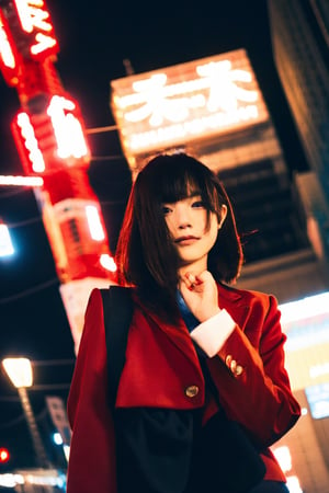A young Asian woman, short hair, wearing a red jacket and a white t-shirt with Japanese text, necklace, standing on a Tokyo street at night, with Tokyo Tower in the background, illuminated city lights, red lanterns, urban style, night photography, candid pose, low angle shot, with a hint of film grain.

,fujifilm