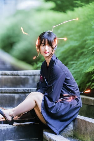 "A young Asian woman with short hair, wearing a stylish outfit, sitting on stone steps in an ancient Japanese shrine. The shrine has a futuristic touch with glowing wires floating in mid-air around her. The scene combines traditional elements with advanced technology, creating a unique blend of past and future. The woman's expression is confident and she looks directly at the camera."