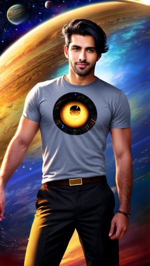 {{{masterpiece}}}, {{{best quality}}}, {{ultra-detailed}}, {illustration}, {{an extremely delicate and handsome}},(1man),(((planet))), black hair, , ((gold eyes)), spread arms, Wearing t-shirt, 