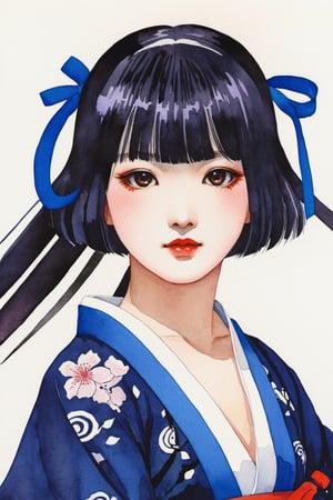 (watercolor_medium), ((ukiyoe style)), ((((masterpiece)))), (((best quality))), (illustration),(1girl:1.5),(solo:1.5), ((an extremely delicate and beautiful)), ((little girl)) , cute, ((hime_cut)), side blunt bangs,(ultramarine hair:1.2), hairs between eyes, ribbons, Bracelet , bare shoulders,((japanese_clothes)), sakura, ((slit pupils)), ((miko)), (off_shoulder), ace, (Kagura Suzu),sword