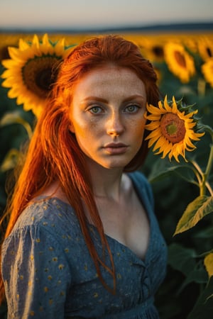 Beautiful woman, red hair, sunflower field, amber eyes, 8k, best quality, (van gogh, starry night background), detailed hair, detailed eyes