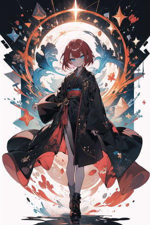 blue eyes, red hair, High detailed, midjourney, masterpiece, perfecteyes, short hair, evil smirk, long sleeves, red-black robe