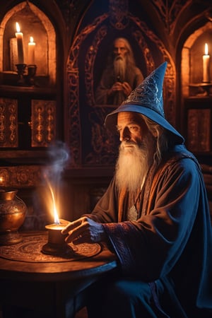 A wizard casting a spell in a mystical, candlelit room cover, hyperdetailed painting, luminism, octane render, Bar lighting, complex, 8k resolution concept art portrait by Martina Fačková and Prywinko Art