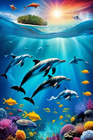 Magical dreams, landscapes, photorealestic, Illustration of dolphins swimming in colorful waters, Look up at the composition, Jellyfish and whales