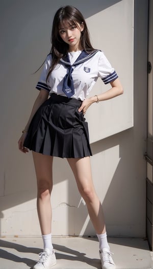 (best quality), ((masterpiece)), (highres), illustration, original, extremely detailed, (二次元大系·御姐篇_V1.0:0.7)zlqs, 1girl, skirt, solo, shoes, full body, white background, school uniform, brown hair, black skirt, simple background, smile, looking at viewer, jewelry, pleated skirt, clothes around waist, short sleeves, breasts, standing, sneakers, white shirt, bracelet, ponytail, shirt, serafuku, neckerchief, sailor collar, bangs, large breasts, socks, purple eyes, jacket, closed mouth, black sailor collar, sweater ,Realism