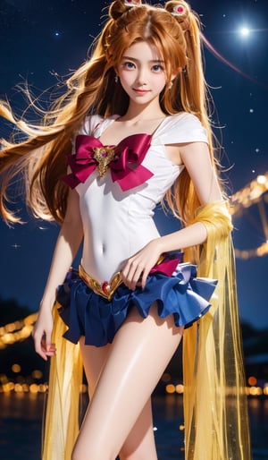 (1girl, standing on the Milky Way, looking at viewer, dressed in sailormoon cosplay, elegant smile, seductive dimples), (ultra slender legs), masterpiece, HDR, depth of field, wide view, raytraced, full length body, realistic, mystical, luminous, surreal, high resolution, sharp details, translucent, beautiful, stunning, a mythical being exuding energy, textures, breathtaking beauty, pure perfection, with a divine presence, unforgettable, and impressive, tsukino usagi.