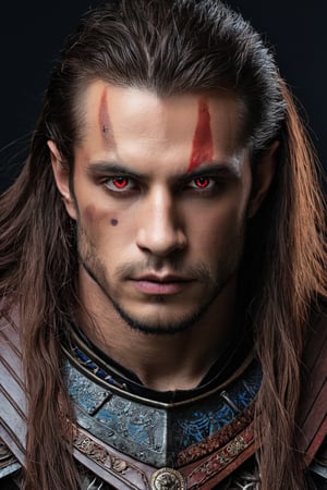 1man, ((blank background)), vibrant colors, head and shoulders portrait, long_hair, pale, red_eyes, warrior, werewolf