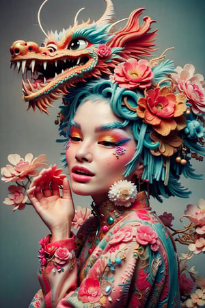 (((masterpiece))), realistic, 3d render, soft pale tones, pink dragon hat ,  flower mask,
White skin tone, soft , dragon , white flower dress, closed eyes, sweet lips , chinese girl, 
, highlights of wavy hair, ,chinese dress,dragoncute