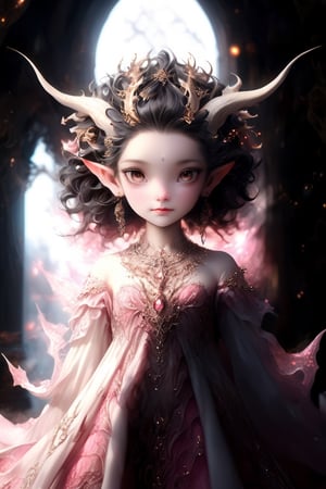 Aesthetics art,official art,
(full body),(long intricate horns:1.2) ,albino dragon demon girl with enchantingly beautiful, alabaster skin, ((Bokeh:1.5)),((Soft focus:1.5)),(Fog),((blur)),(Lens Flare), The Childlike Empress,stunning beautiful girl,6 yers old,alabaster skin,very short brown hair,wearing snowflake glasses,((Slicked back hair)),(head chain with jewelry stone),((Forehead)), girl has Beautiful red eyes, soft expression, pretty smile , Depth and Dimension in the Pupils, She wears pink delicate fractal pattern pink lace dress, , creating a sense of movement and depth.
background mainly in pink 