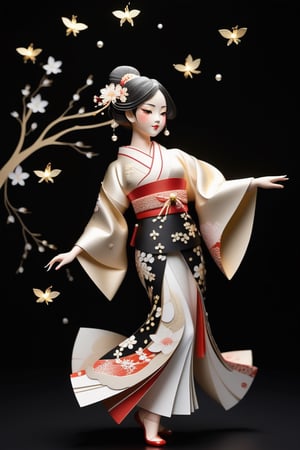  Paper-cut or paper sculpture, a beautiful Japanese  girl with exquisite facial features, wearing a Japanese  kimono, dancing gracefully, black background, pearl embellishment, glowing fireflies, full body 