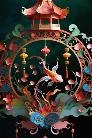3D-big-circle-lantern on fire lighting , , formed by complex details paper art  , in the pattern of  betterfly in center and surrounding by long-tails-goldfish,  red, blue, pink ,gold , green , orange, rainbow colour  chinese style , shining and monogram,  full of patterns covered , art , masterpiece
dark background filled with blurred lanterns ,
,glitter,kirigami,more detail XL