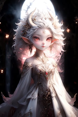 Aesthetics art,official art,
(full body),(long intricate horns:1.2) ,albino dragon demon girl with enchantingly beautiful, alabaster skin, ((Bokeh:1.5)),((Soft focus:1.5)),(Fog),((blur)),(Lens Flare), The Childlike Empress,stunning beautiful girl,6 yers old,alabaster skin,very short brown hair,wearing snowflake glasses,((Slicked back hair)),(head chain with jewelry stone),((Forehead)), girl has Beautiful red eyes, soft expression, Depth and Dimension in the Pupils, She wears white delicate fractal pattern pink lace dress, , creating a sense of movement and depth.