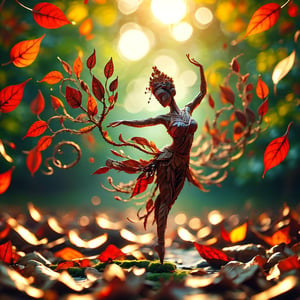 1girl, solo, long hair, in beautiful latin dancing pose, she is made by red  leaves , long tail, fan behind her ,  no face shown 
fall_leaves background , sunset 
