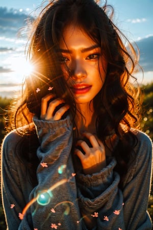 (((masterpiece))), realistic, 3d render, medium dark colors, soft tones, lighting details,generates an image of a 20-year-old a single gothic girl, black painted lips, she leans forward and happy smile
Sunset , backlight, highlights of wavy hair, len flares , 
Sunbeams, magic hour sky
Nice fingers 