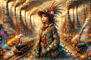 a girl (1:2) in jbohemian steam punk fashion design by Burberry , beautiful cute adorable girl,  fashion artwork inspired by an architectural style, urban fairytale ambience , masterpiece , extremely detailed , complex composition , fashion show,  fantasy,  wide angle,  glowing,  splashes of flower,  colorful painting , rich color,  HDR,  , Arthur Rackham,  Dr. Seuss,  Norman Rockwell,  digital illustration,  isometric,  digital art,  smog,  pollution,  toxic waste,  3d, vintage, 1 girl, details , 