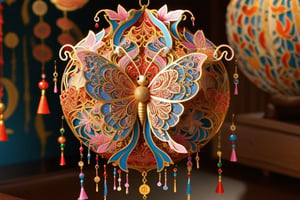 ball-shaped medal lantern , formed by complex details paper art  , in the pattern of zentangle betterfly in center and surrounding by goldfish,  gold outline , red, blue, pink ,gold , green , orange, rainbow colour  chinese style , shining and monogram,  full of patterns covered , art , masterpiece,

candles on fire background , complex chinese  background , dark at night , cloudy 
,glitter,kirigami,more detail XL,shiny