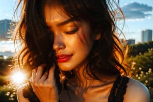 (((masterpiece))), realistic, 3d render, medium dark colors, soft tones, lighting details,generates an image of a 20-year-old girl, red lips, she leans forward and happy smile, eyes closed, brown short wavy hair
Sunset , backlight, highlights of wavy hair, len flares , 
Sunbeams, magic hour sky
Nice fingers , one hand over head