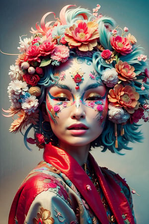 (((masterpiece))), realistic, 3d render, soft pale tones, pink lion hat ,  flower mask cover her eyes 
White skin tone, soft , dragon , white flower dress, closed eyes, sweet lips , chinese girl, 
, highlights of wavy hair, ,chinese dress,
