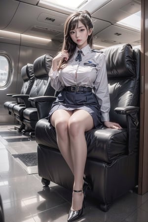 3 beautiful girls,  24 years old pretty taiwan latin mixed race girl ,pony tail hair,bangs, eyes detail,  Airline stewardess uniform,big_breasts,s-shape body ,full-body shot,cabin background , Realism, ,Realism,Portrait,Raw photo,knees up