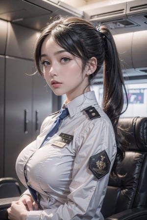 3 24 years old pretty taiwan latin mixed race girl ,pony tail hair, eyes detail,  Airline stewardess uniform,big_breasts,s-shape body ,whole body ,cabin background , Realism, ,Realism,Portrait