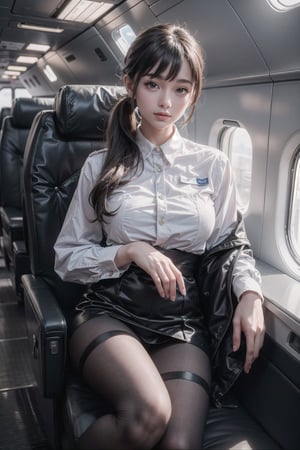 3 24 years old pretty taiwan latin mixed race girl ,pony tail hair,bangs, eyes detail,  Airline stewardess uniform,big_breasts,s-shape body ,full-body shot,cabin background , Realism, ,Realism,Portrait