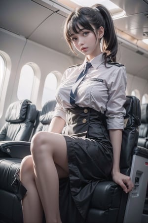 3 beautiful girls,  24 years old pretty taiwan latin mixed race girl ,pony tail hair,bangs, eyes detail,  Airline stewardess uniform,big_breasts,s-shape body ,full-body shot,cabin background , Realism, ,Realism,Portrait,Raw photo