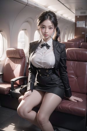 3 beautiful girls,  24 years old pretty taiwan latin mixed race girl ,pony tail hair,, eyes detail,  Airline stewardess uniform,big_breasts,s-shape body ,full-body shot,cabin background , Realism, ,Realism,Portrait,Raw photo,knees up,vaginal