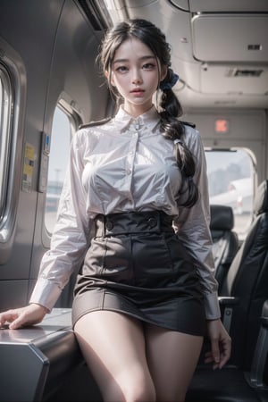 1 26 years old pretty taiwanese girl ,pony tail hair, eyes detail,  Airline stewardess uniform,big_breasts,s-shape body ,cabin background , Realism, ,Realism