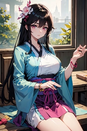 masterpiece, best quality, absurd, 1 girl, alone, black hair, long hair, bangs, pink eyes, big breasts, hanfu, bracelet, hair ornament, yaoyao, Read Desc,